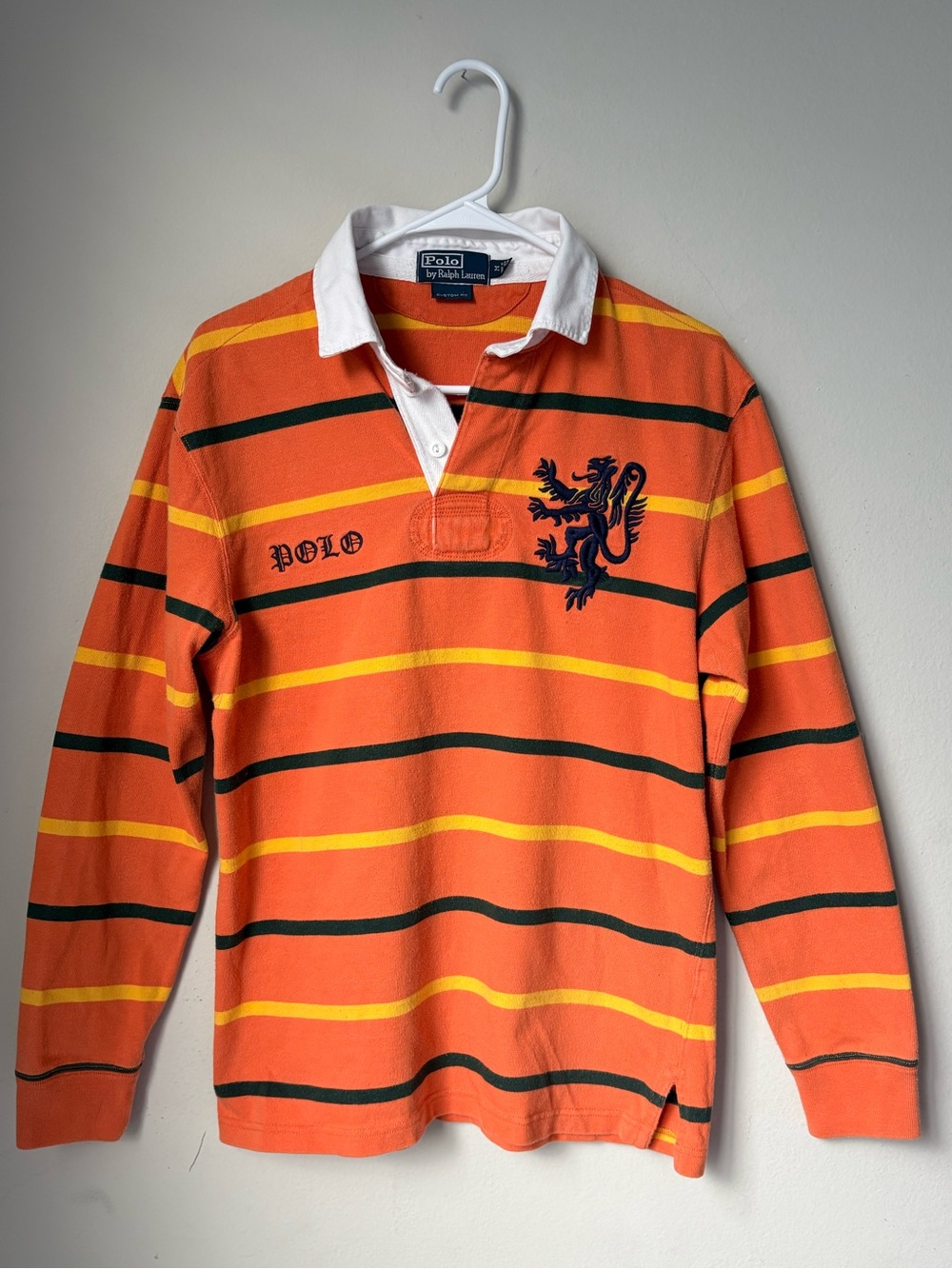 Vintage Polo Ralph Lauren FW07 Lion Crest Rugby Shirt M Orange Stripe Custom Fit
